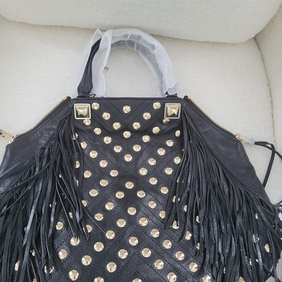 ￼￼￼￼￼￼￼￼￼Rebecca Minkoff Fringe Satchel Rylan Hobo Mediu Blak With Gold Studs - Picture 3 of 7
